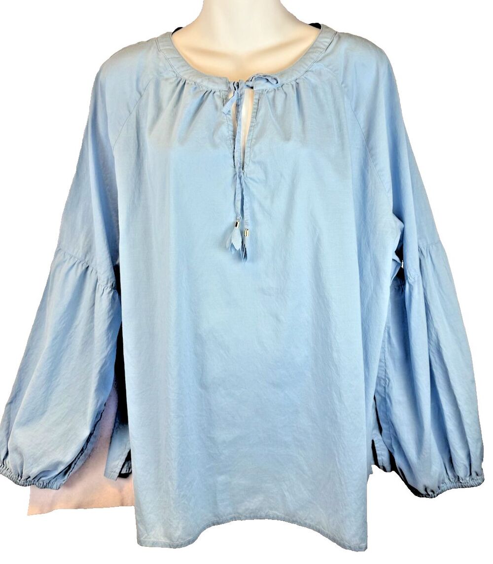 Chico's Light Blue Lyocell Cotton Peasant Blouse 4 Bell Sleeve Elastic Cuff Boho
